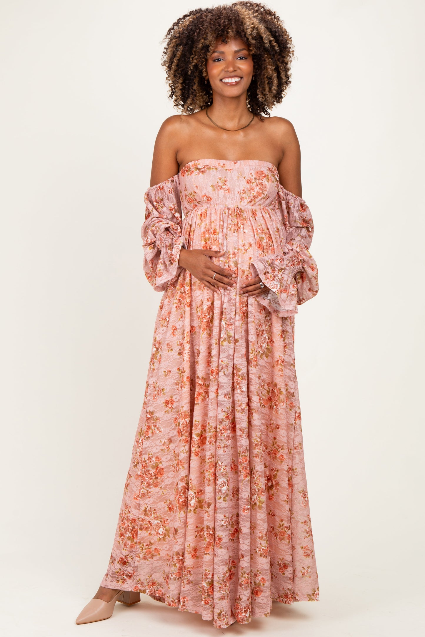 Peach Off Shoulder Long Sleeve Maternity Maxi Dress