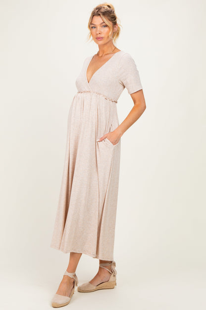 Oatmeal Short Sleeve V-Neck Maternity Maxi Dress