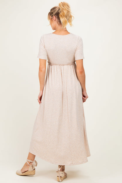 Oatmeal Short Sleeve V-Neck Maternity Maxi Dress