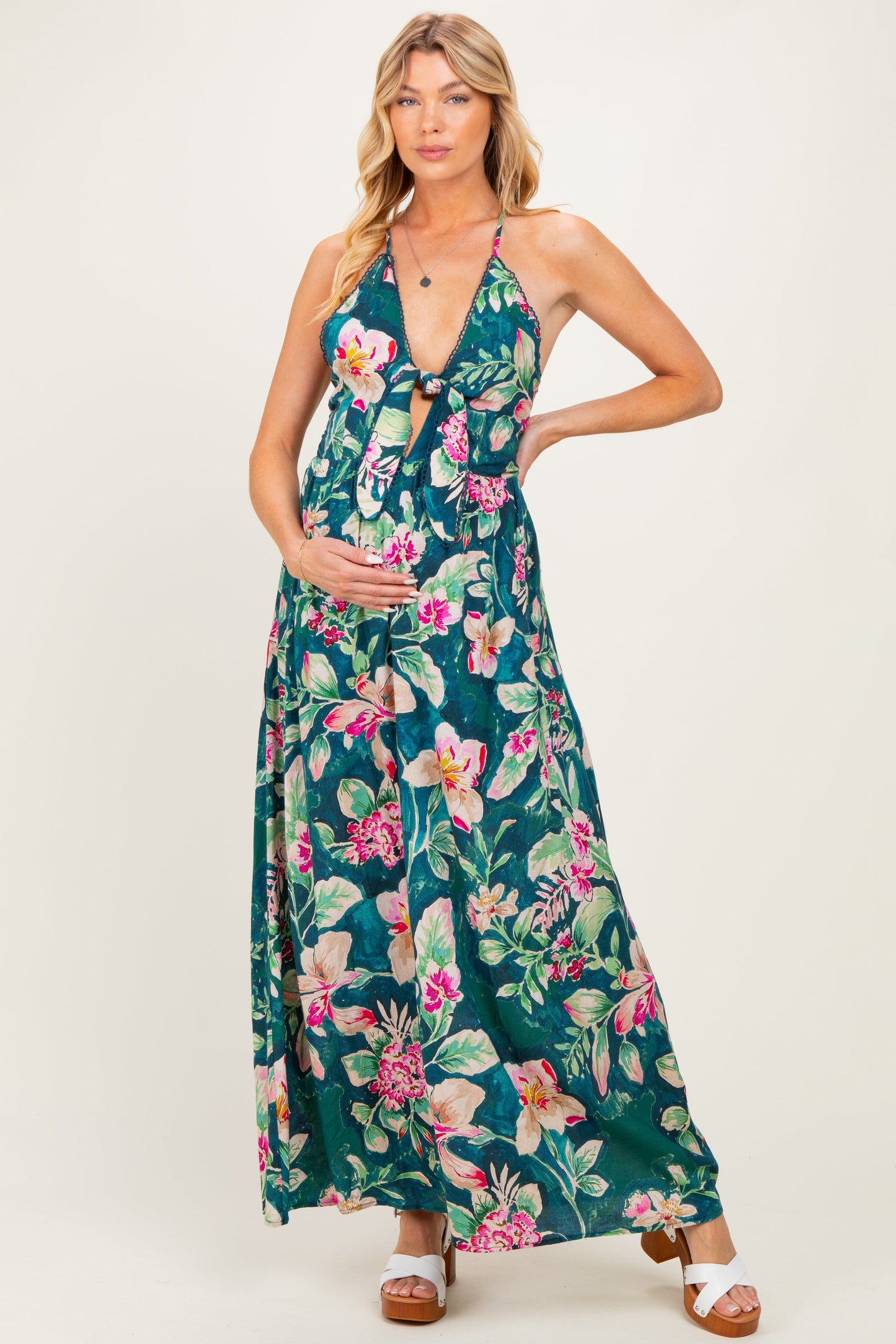 Deep Teal Floral Front Knot Open Back Maternity Maxi Dress