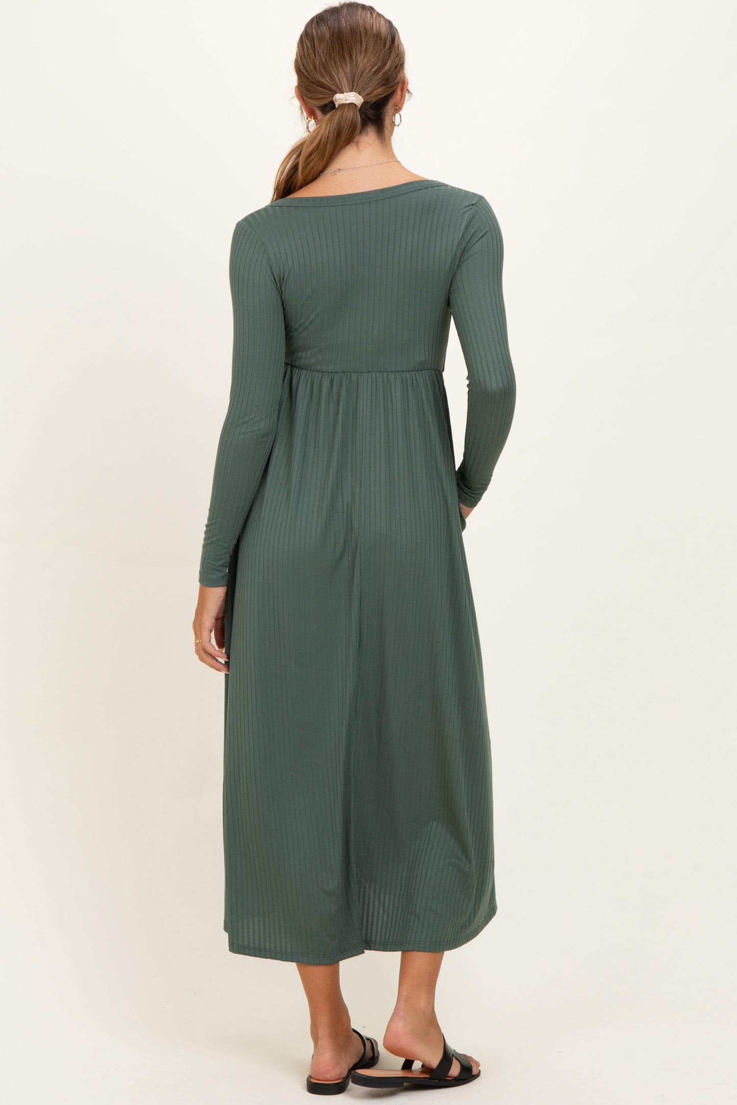 Olive Ribbed Knit Long Sleeve Maternity Maxi Dress