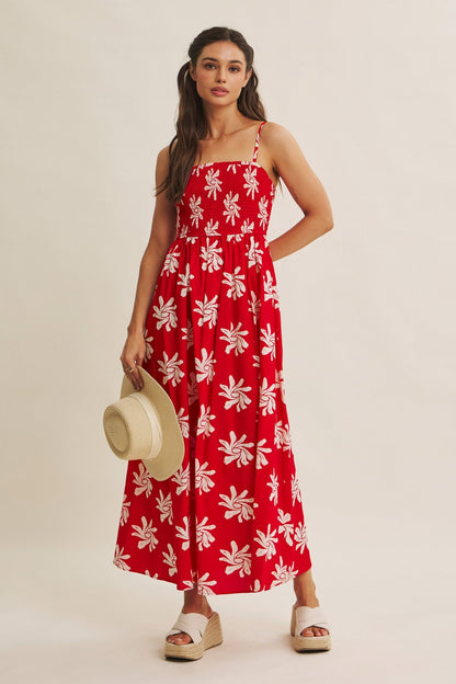 Red Printed Square Neck Smocked Maternity Maxi Dress