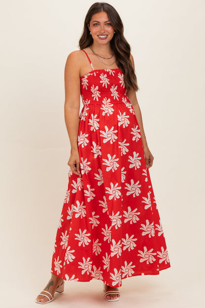 Red Printed Square Neck Smocked Maternity Maxi Dress