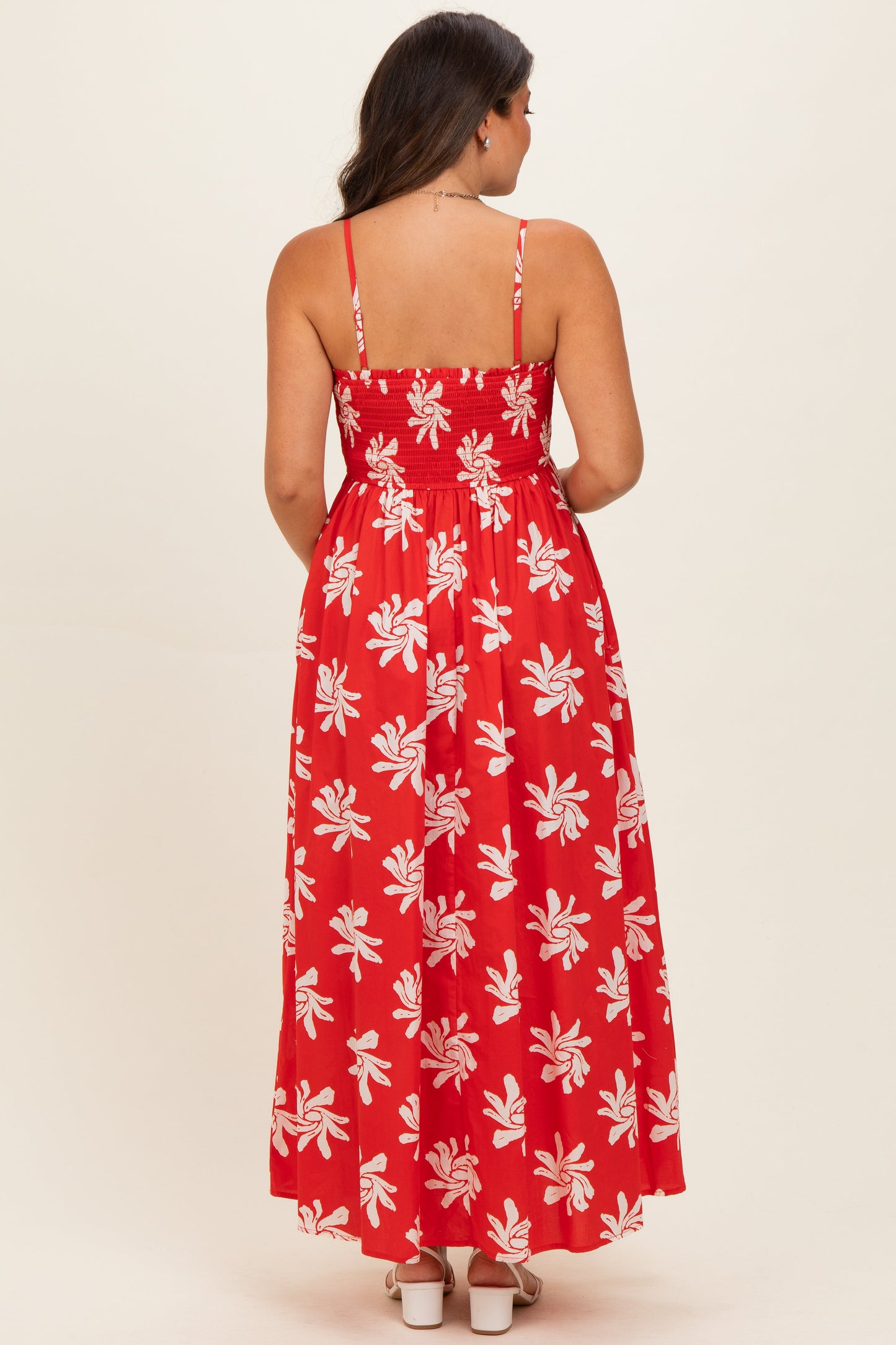 Red Printed Square Neck Smocked Maternity Maxi Dress