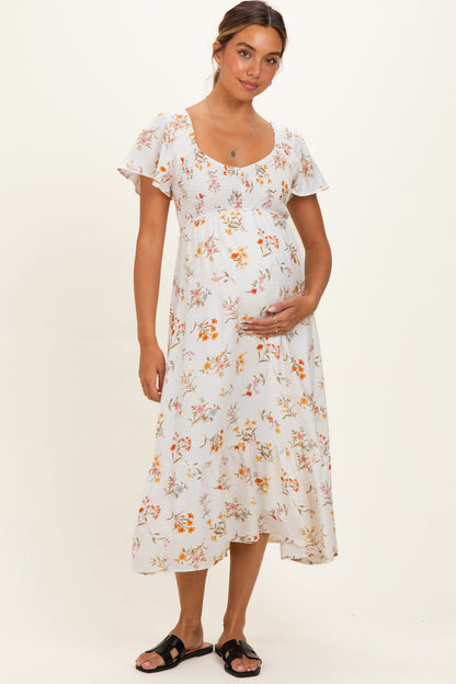 Ivory Floral Flutter Sleeve Smocked Maternity Midi Dress