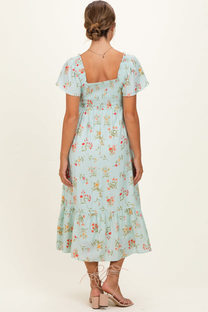 Sage Floral Flutter Sleeve Smocked Maternity Midi Dress