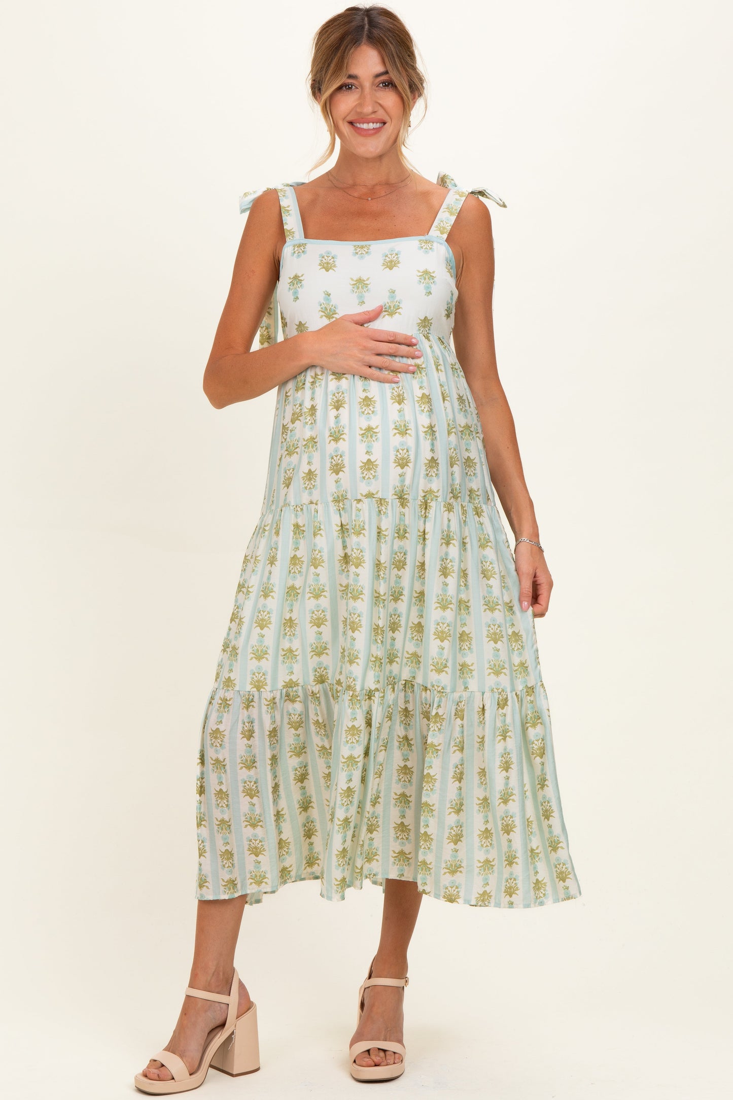Sage Striped Floral Shoulder Tie Maternity Midi Dress
