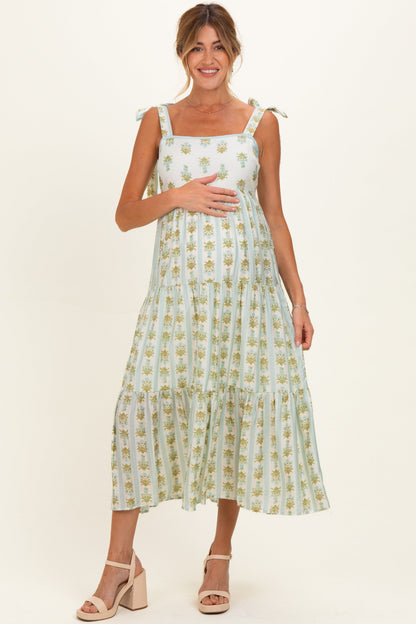 Sage Striped Floral Shoulder Tie Maternity Midi Dress