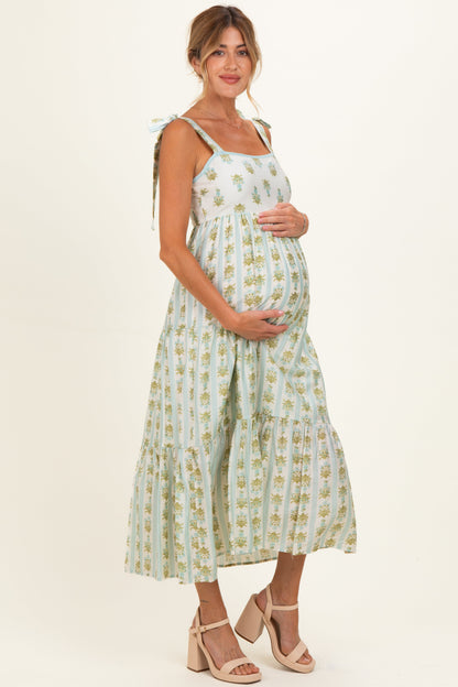 Sage Striped Floral Shoulder Tie Maternity Midi Dress