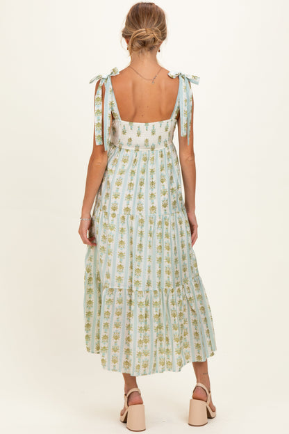 Sage Striped Floral Shoulder Tie Maternity Midi Dress