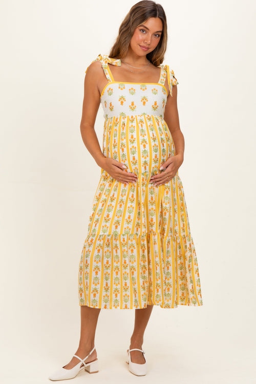 Yellow Striped Floral Shoulder Tie Maternity Midi Dress