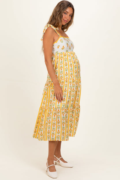 Yellow Striped Floral Shoulder Tie Maternity Midi Dress