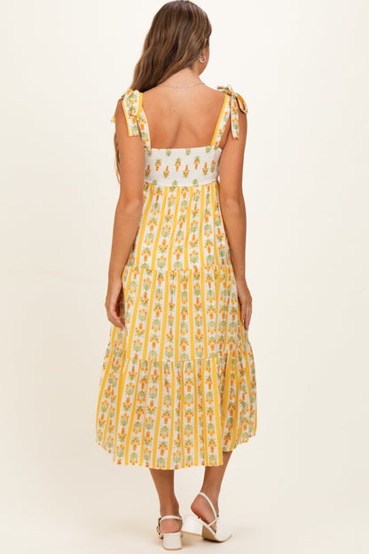 Yellow Striped Floral Shoulder Tie Maternity Midi Dress