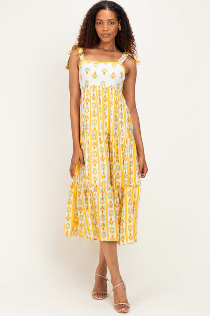 Yellow Striped Floral Shoulder Tie Maternity Midi Dress