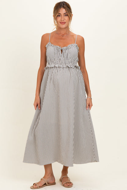 Black Striped Front Tie Cutout Ruffle Maternity Midi Dress