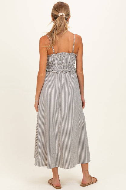 Black Striped Front Tie Cutout Ruffle Maternity Midi Dress