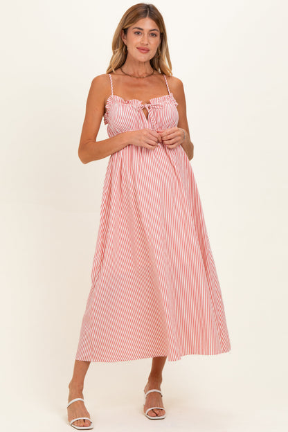 Red Striped Front Tie Cutout Ruffle Maternity Midi Dress