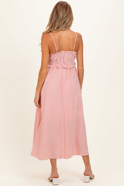 Red Striped Front Tie Cutout Ruffle Maternity Midi Dress