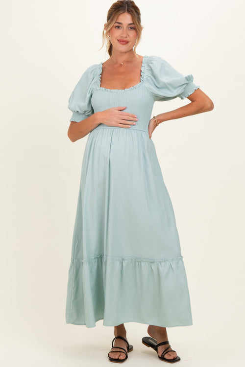 Sage Smocked Puff Sleeve Ruffle Trim Maternity Midi Dress