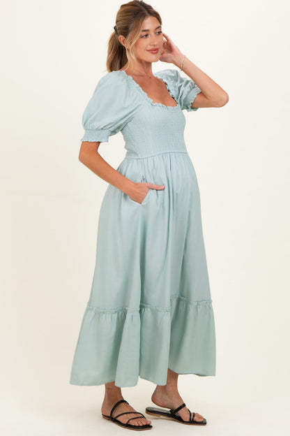 Sage Smocked Puff Sleeve Ruffle Trim Maternity Midi Dress