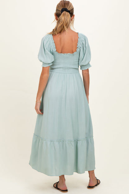 Sage Smocked Puff Sleeve Ruffle Trim Maternity Midi Dress