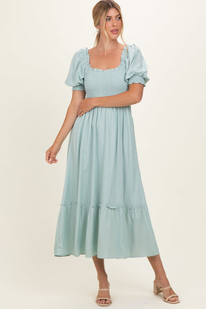 Sage Smocked Puff Sleeve Ruffle Trim Maternity Midi Dress