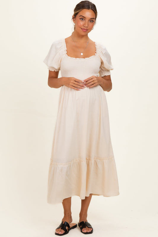 Cream Smocked Puff Sleeve Ruffle Trim Maternity Midi Dress