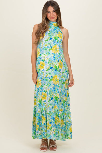 Blue Floral Halter Maternity Maxi Dress
