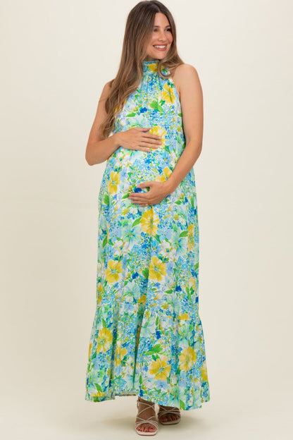 Blue Floral Halter Maternity Maxi Dress