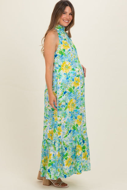 Blue Floral Halter Maternity Maxi Dress