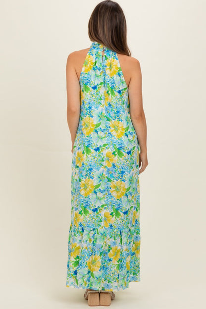 Blue Floral Halter Maternity Maxi Dress