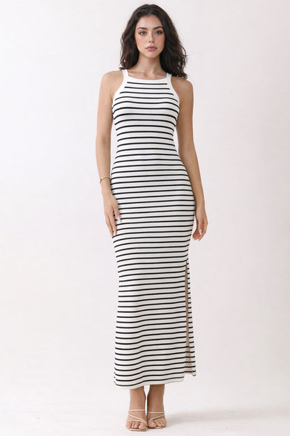 White Striped High Neck Ribbed Maternity Maxi Dress
