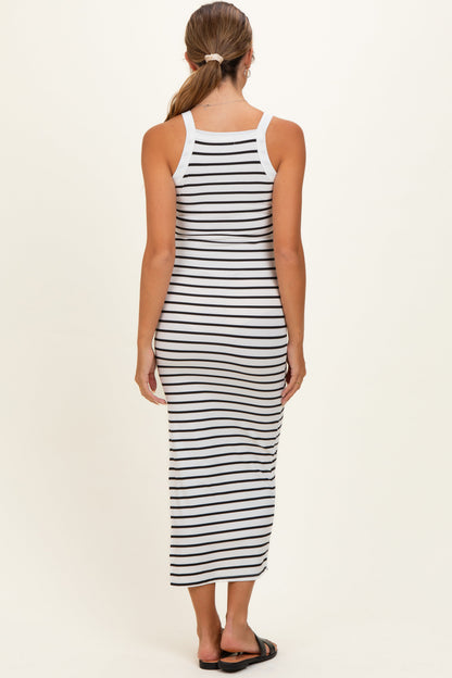 White Striped High Neck Ribbed Maternity Maxi Dress