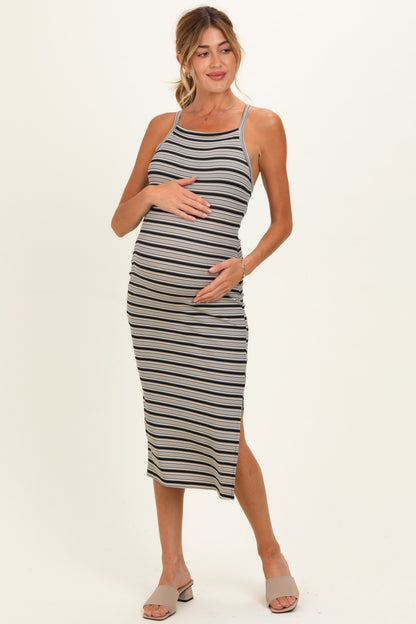 Black Striped Crisscross Back Maternity Dress