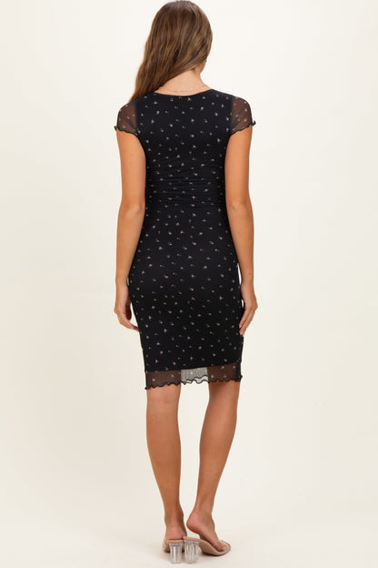 Black Floral Mesh Maternity Midi Dress