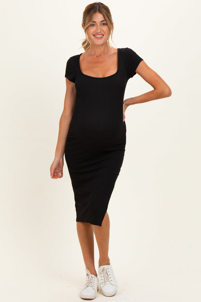 Black Square Neck Side Slit Maternity Midi Dress
