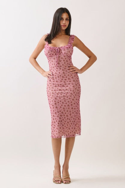 Smoke Rose Mesh Front Tie Maternity Midi Dress