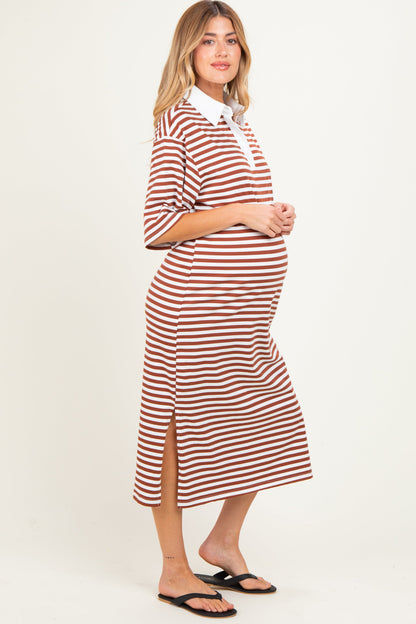 Brown Striped Oversized Maternity Polo Dress