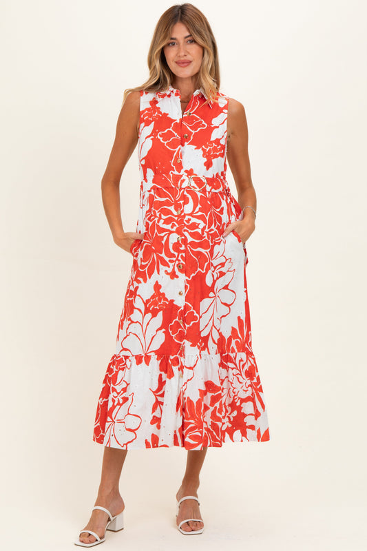 Red Floral Belted Sleeveless Maternity Shirt Dress