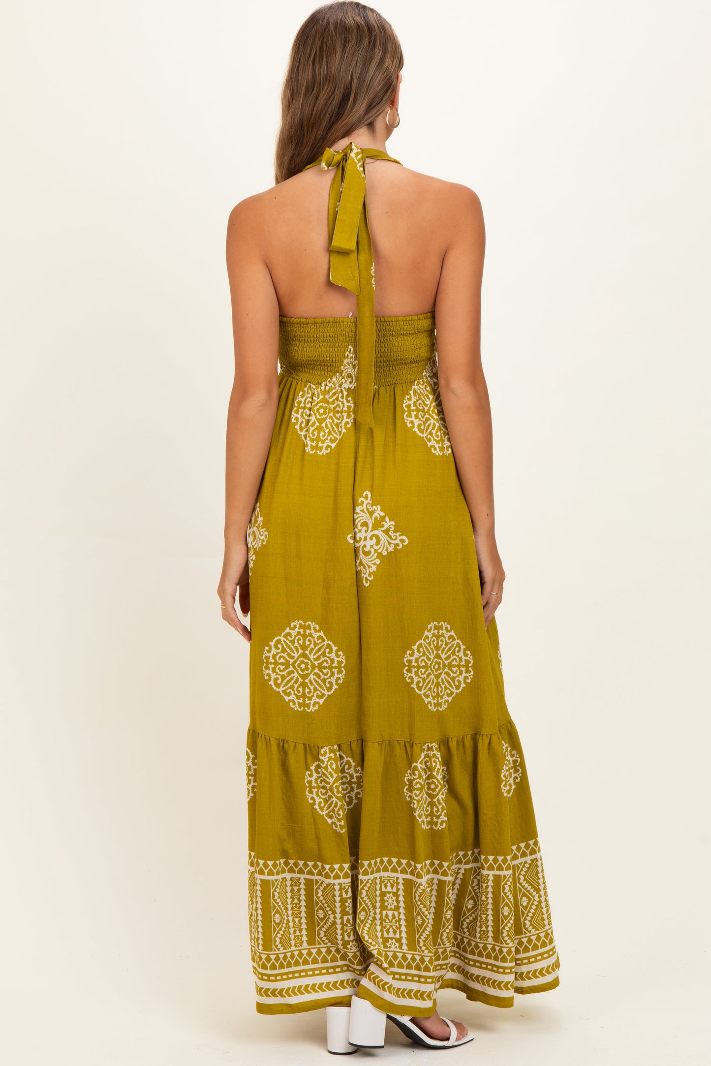 Olive Palm Printed Smocked Halter Maternity Maxi Dress