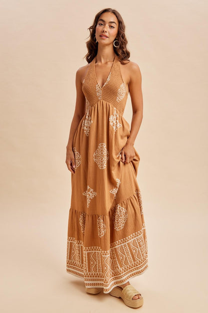 Sandalwood Printed Smocked Halter Maternity Maxi Dress