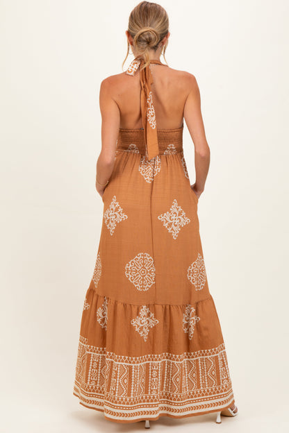 Sandalwood Printed Smocked Halter Maternity Maxi Dress