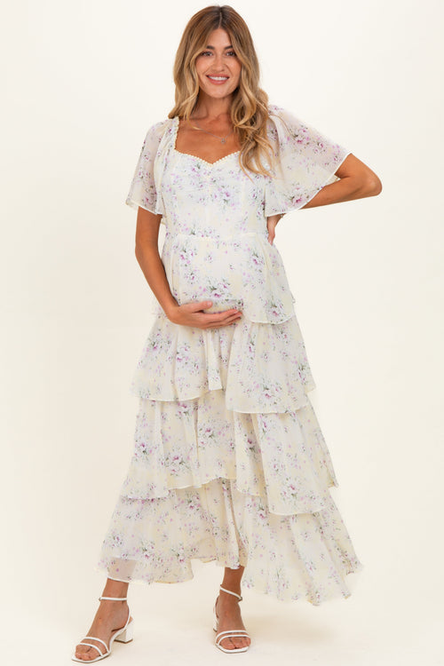 Lemon Floral Flounce Tiered Maternity Maxi Dress