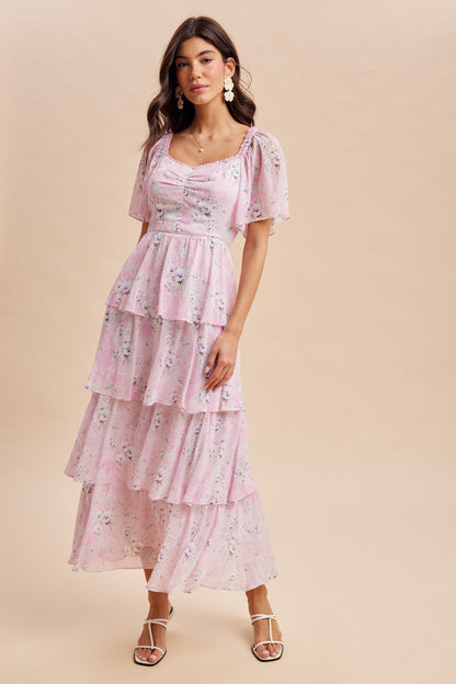 Sweet Pink Floral Flounce Tiered Maternity Maxi Dress
