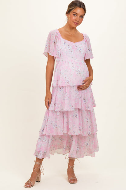 Sweet Pink Floral Flounce Tiered Maternity Maxi Dress