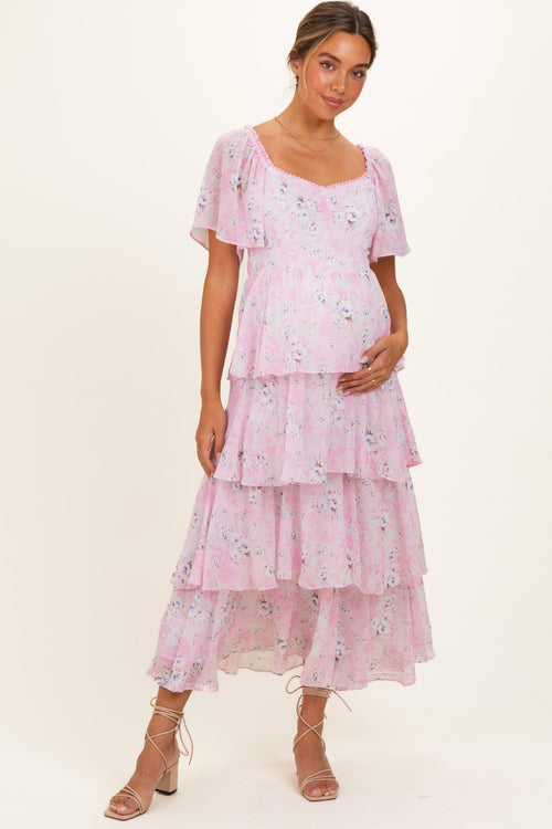Sweet Pink Floral Flounce Tiered Maternity Maxi Dress