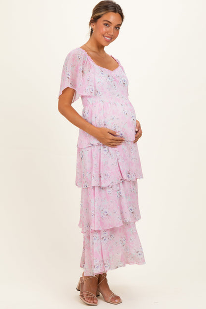 Sweet Pink Floral Flounce Tiered Maternity Maxi Dress