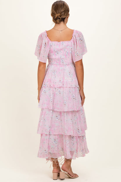 Sweet Pink Floral Flounce Tiered Maternity Maxi Dress