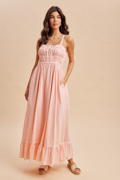 Soft Pink Lace Ribbon Detail Maternity Maxi Dress