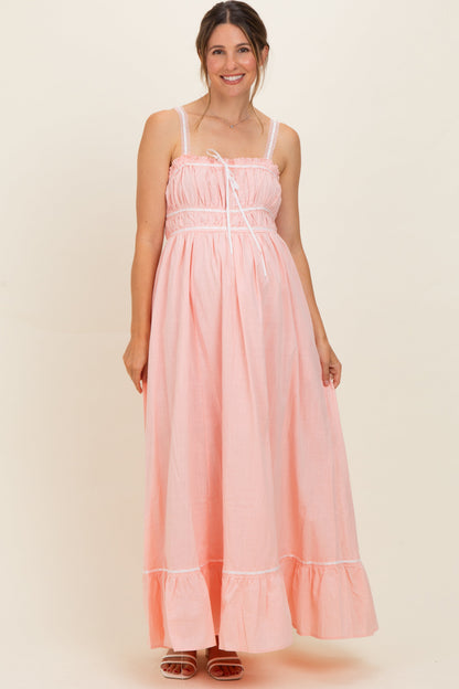 Soft Pink Lace Ribbon Detail Maternity Maxi Dress
